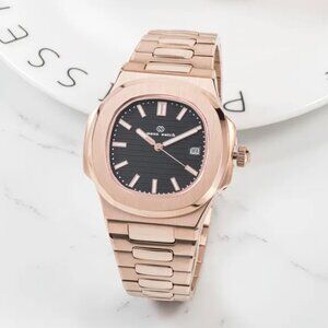 Stainless Steel Rose Gold Black Dial Men's Watch